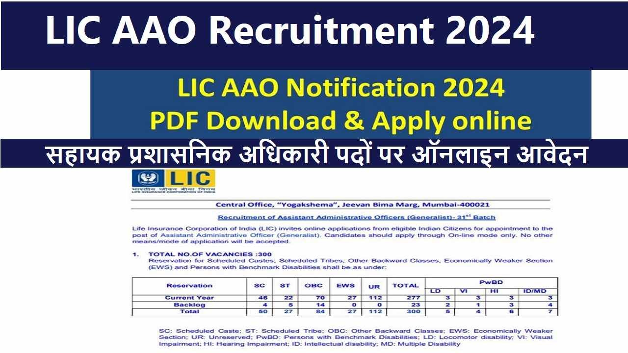 LIC AAO Recruitment 2024-Notification सहायक प्रशासनिक अधिकारी पदों पर ऑनलाइन आवेदन